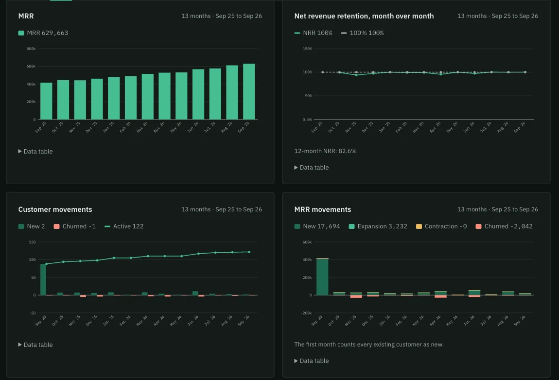 Charts tab: MRR, net revenue retention, customer movements and MRR movements over 13 months