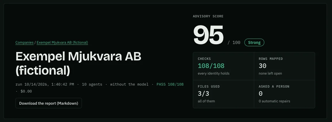 UW Assistant report header for a fictional company: advisory score 95, 108 of 108 checks, 30 rows mapped, 3 of 3 files used, 0 questions